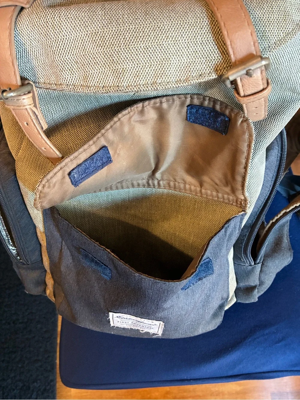 Eddie Bauer Olive and Navy Canvas Roll-Top Diaper Baby Backpack